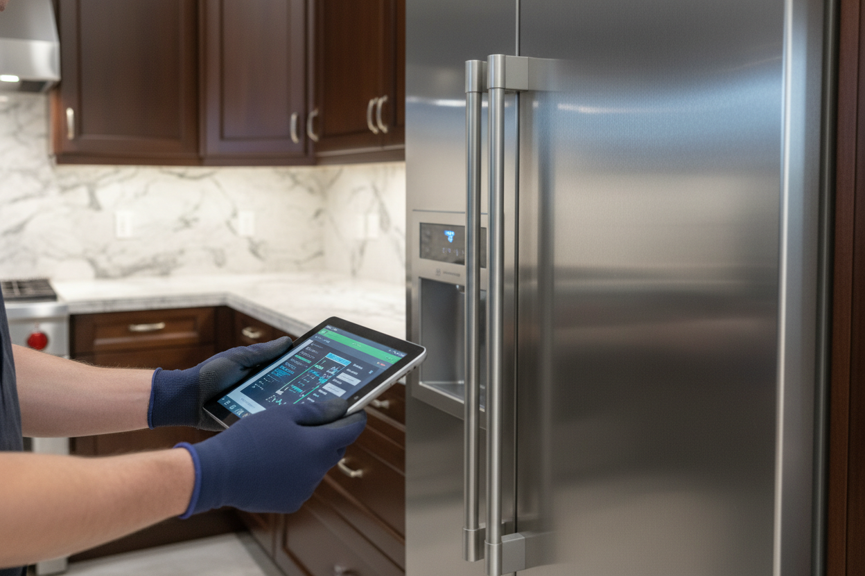 Technician using diagnostics on a premium refrigerator