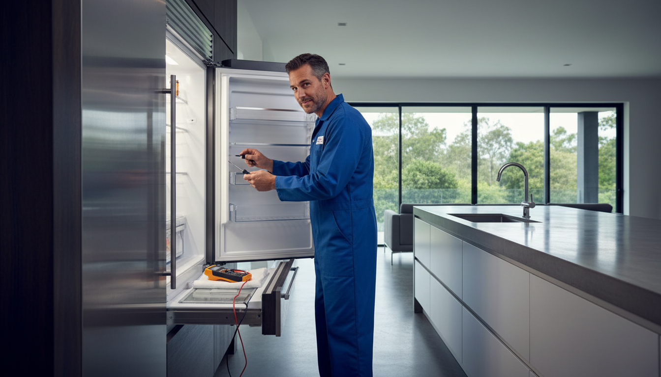 Professional appliance technician working on built-in refrigerator